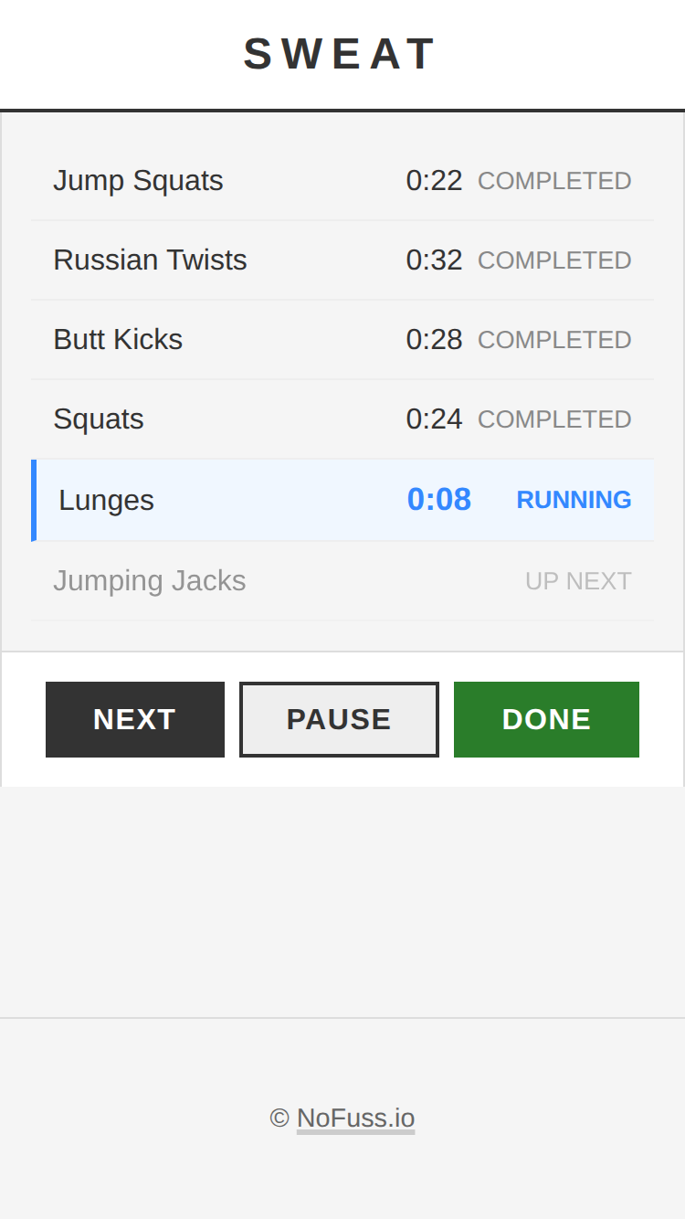 screenshot of the Sweat workout timer app